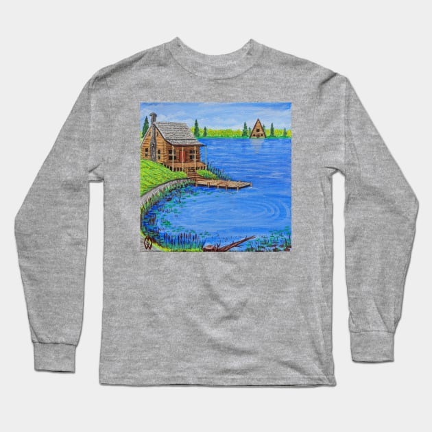 Cabin at the Lake in the Spring Season Long Sleeve T-Shirt by Matt Starr Fine Art